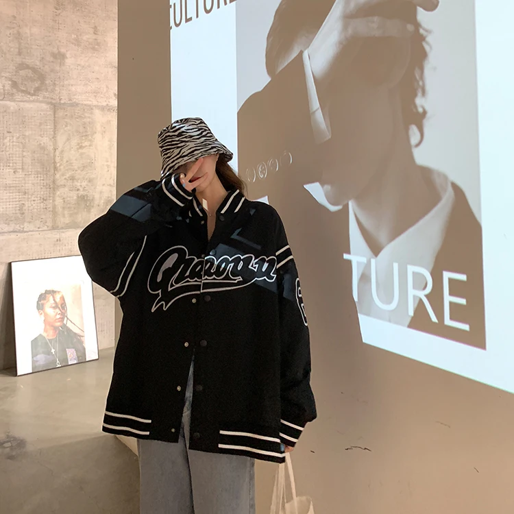 

2020 autumn winter Harajuku style embroidery single-breasted baseball uniform all-match jacket punk coat baseball uniform women