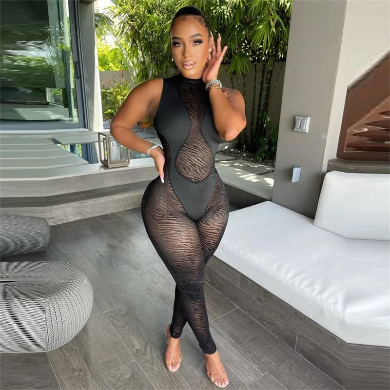

Sexy See Through Mesh Patchwork Sleeveless Jumpsuits Women Back Zipper Skinny Long Rompers Party Club Streetwear 2021