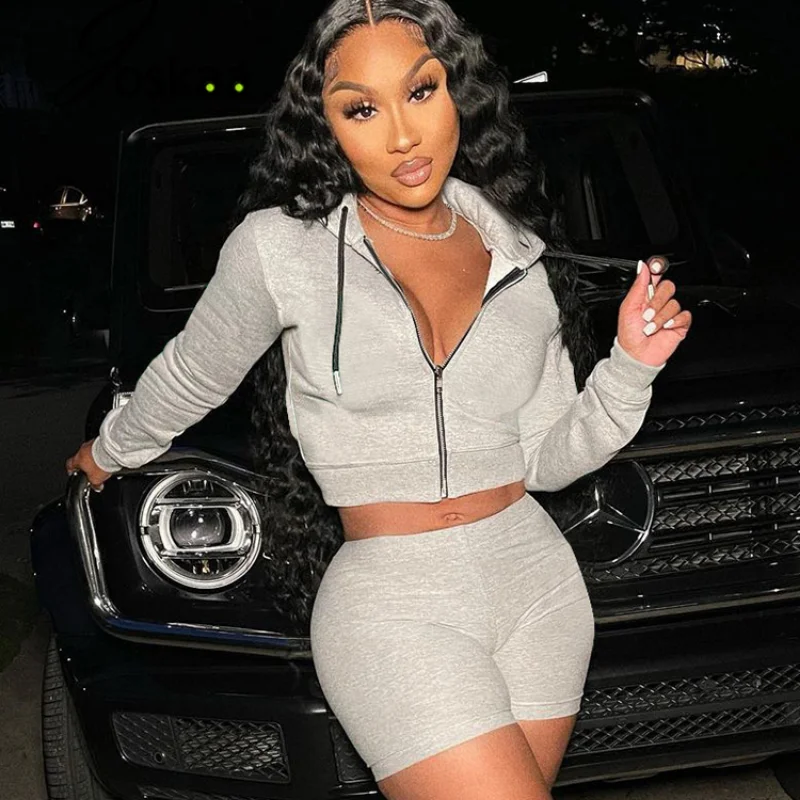 

2021 Autumn 2 Piece Set Women Zipper Hoodie Crop Top Biker Shorts Sexy Matching Sets Fashion Streetwear Tracksuits Sweatshirt