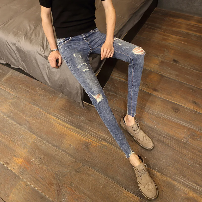 

2021 2020 Fashion hip hop students Ripped hole denim male Slim hair stylist stretch tight pencil teenagers ankle pants men