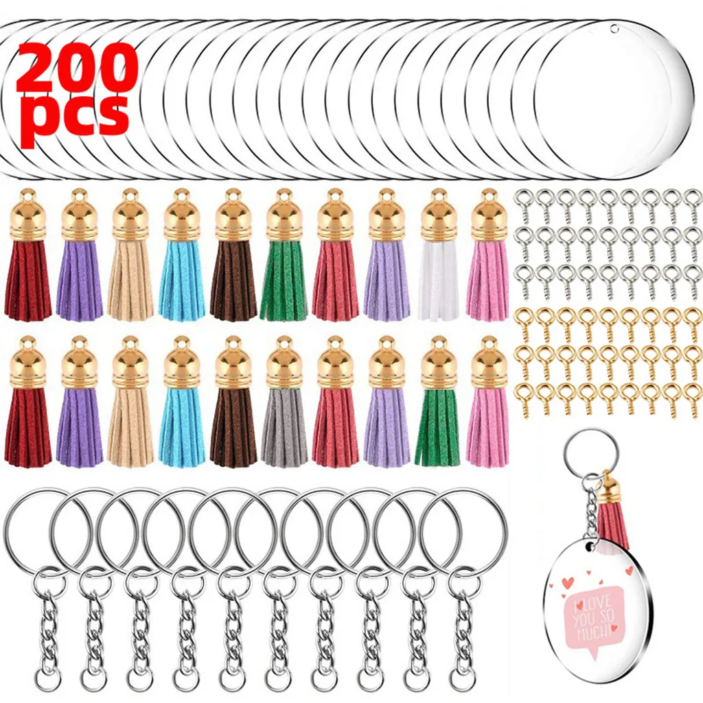 

200 Pieces Acrylic Keychain Blanks Set 2 Inch Clear Acylic Rounds Blanks with Key Chain Rings for DIY Projects and Crafts