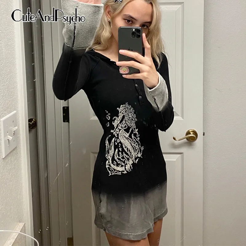 

Gothic Graphic Retro Grunge Hooded Dresses Autumn Gradient Vintage Fairycore Clothes Dark Academia Cute Mini Dress Cuteandpsycho