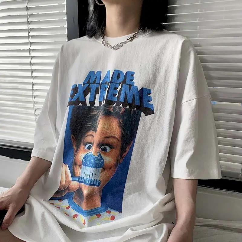 

Oversized T-shirt Women Funny Toothpaste O-Neck Pure Cotton Basic Academy Korean Chic Niche Goth Hip Hop Women Tops All-match