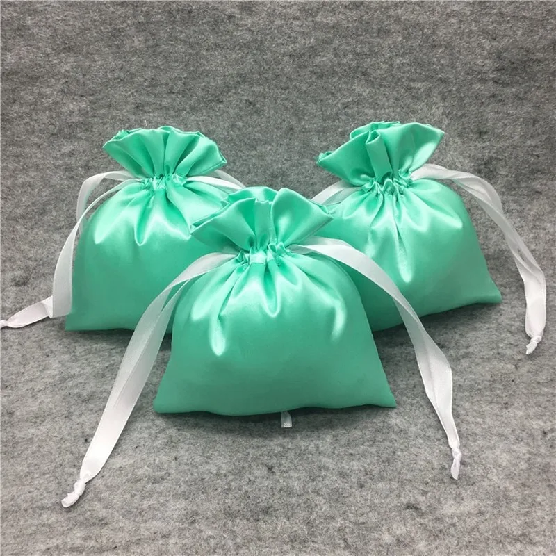 

Custom Logo Satin Drawstring Bag Beads Jewelry Beauty Products Drawstring Package Bags blue 50pcs/lot