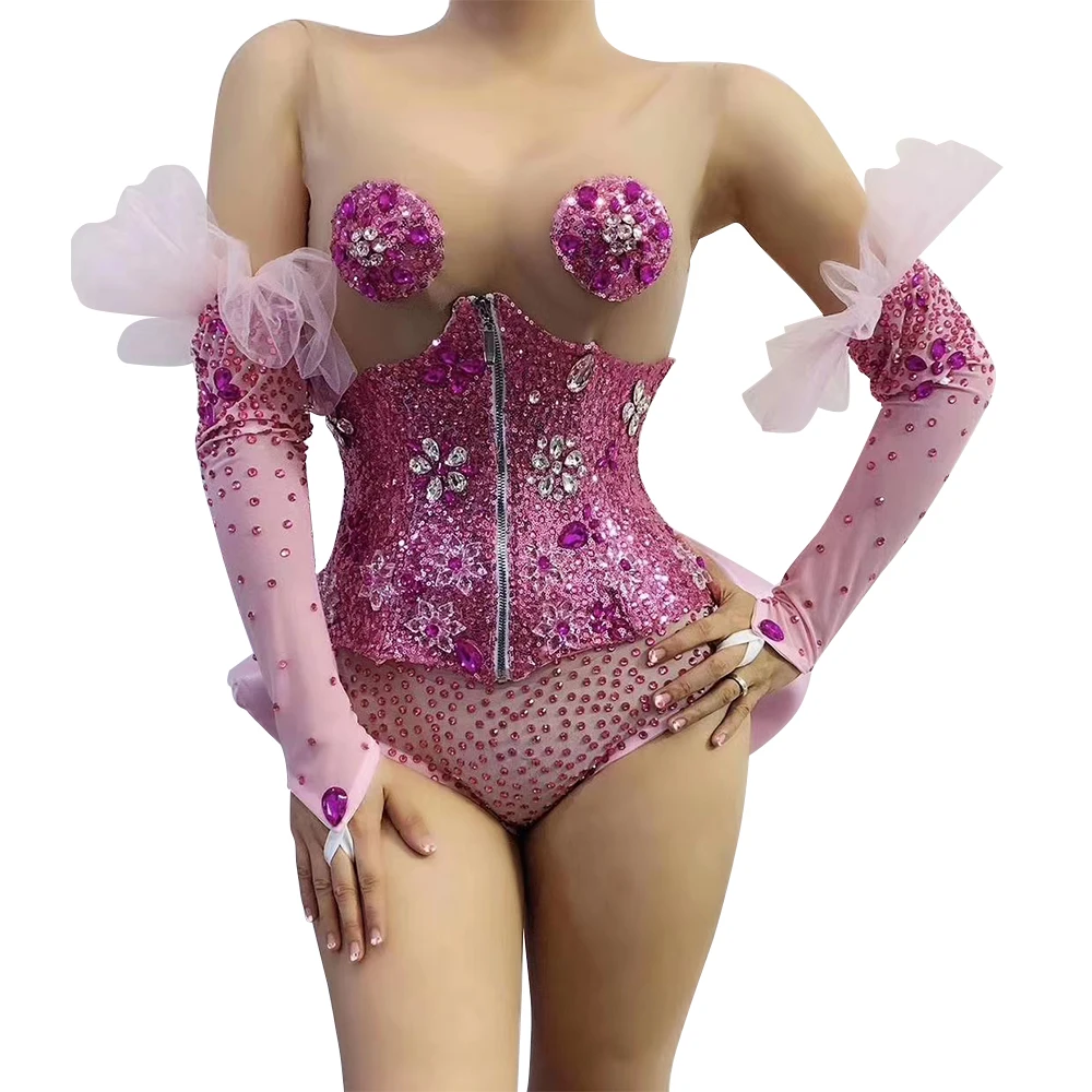 Pink Sleeveless Floral Rhinestone Party Bodysuit with Crystal Girdle Gloves Women Nightclub Pole Dance Leotard Stage Outfit Sets