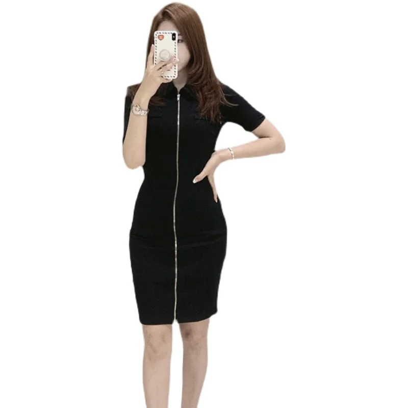 

Summer New Fashion leisure Front zipper knitting short sleeve Short Bodycon Dress Casual