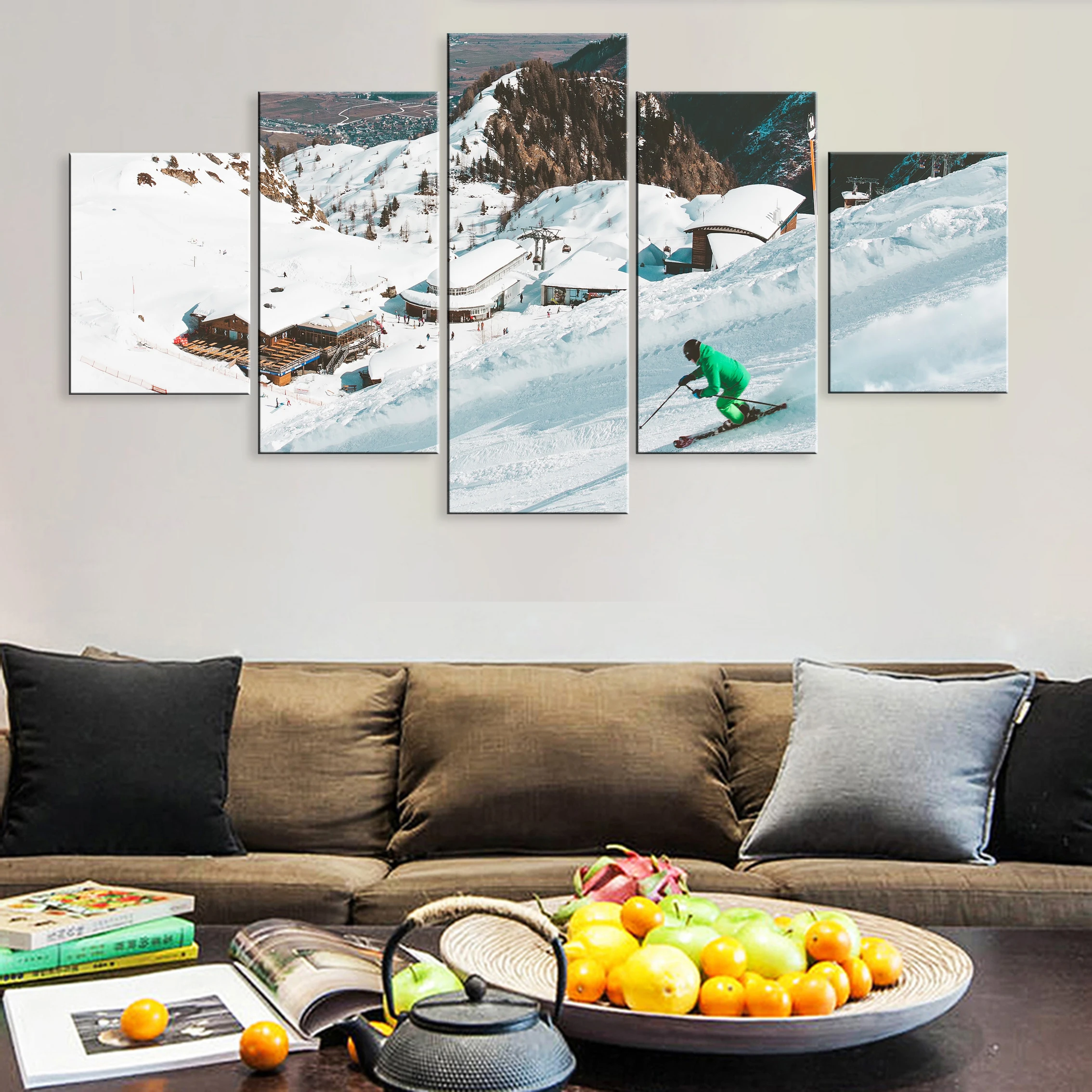 

Hd Printed Outdoor Sport Skiing Snow Mountain 5 Pieces Art Poster Canvas Living Room Home Decor Framework