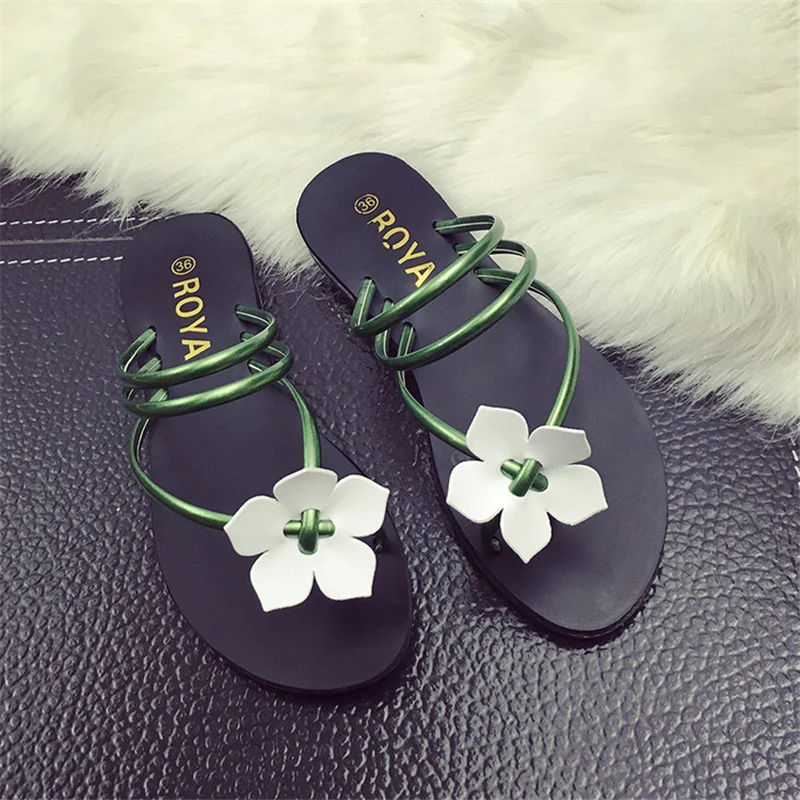 Модная однотонная женская обувь с цветочным принтом летние пляжные вьетнамки