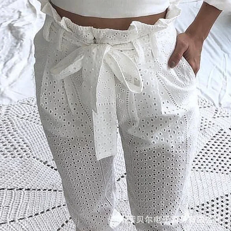 

2021 European and American new urban commuter white hollow lace trousers women pants womens fashion drawstring sweatpants