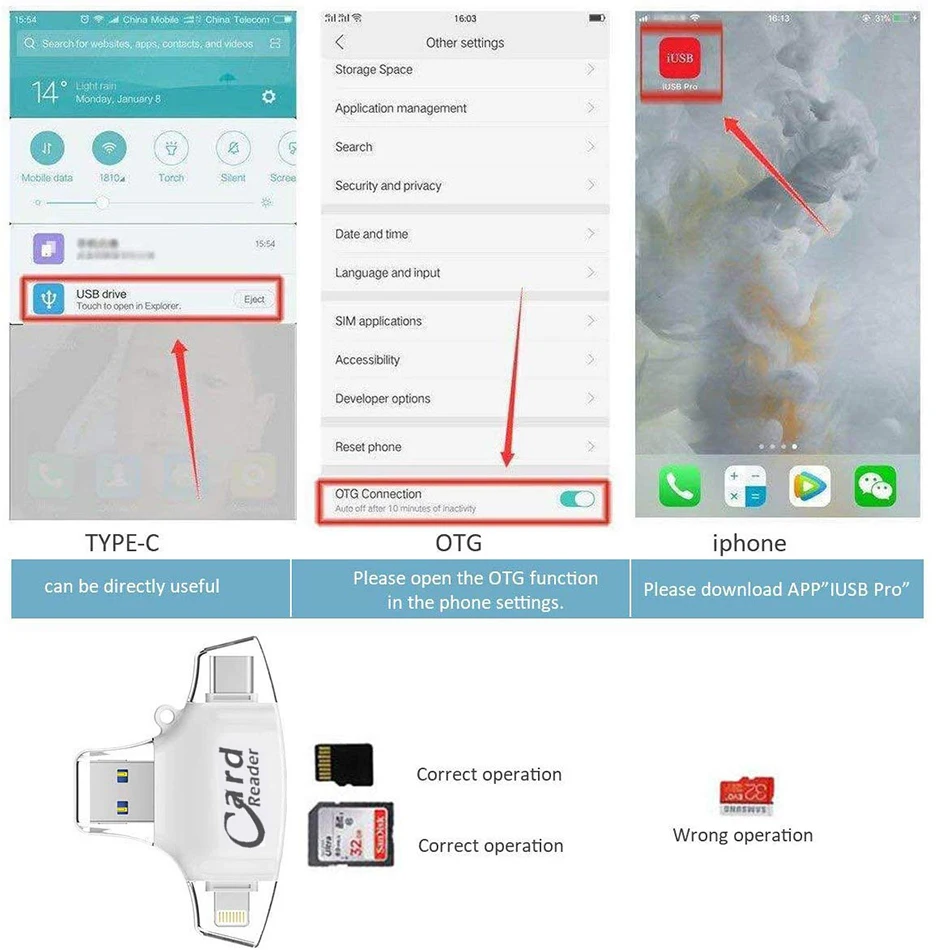 Supersonic 4 в 1 Micro SD кард-ридер для iPhone iPad/Android/Macbook tf карта адаптер с Micro usb type C игровая камера просмотра