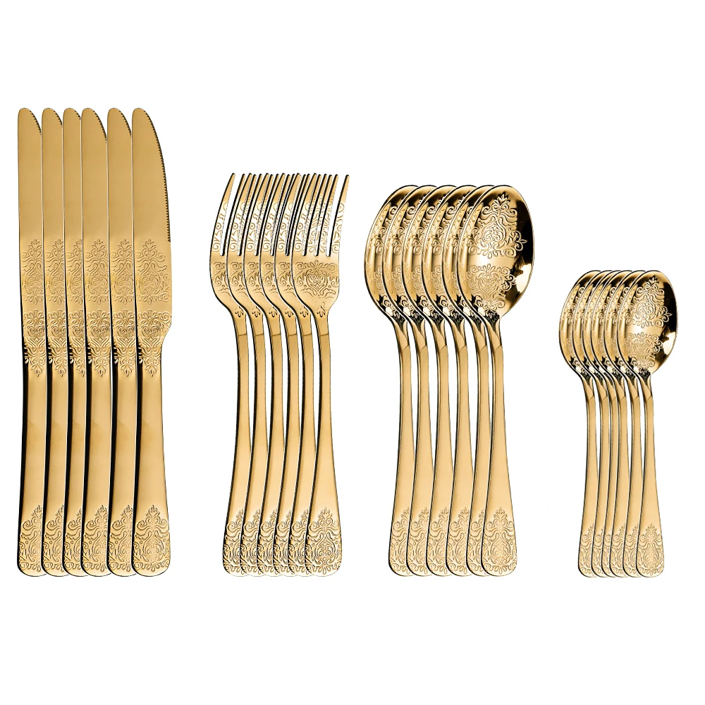 24pcs Cutlery Set Gold Tableware Dinnerware 304 Stainless Steel Carved Spoon Forks Knife Kitchen Western Dinner Silverware Gift