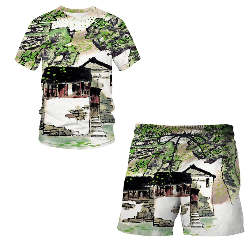 

Summer 2021 new 3D Printed Chinese brush painting men suit pattern T shirt short sleeve + casual shorts Streetwear Men clothing