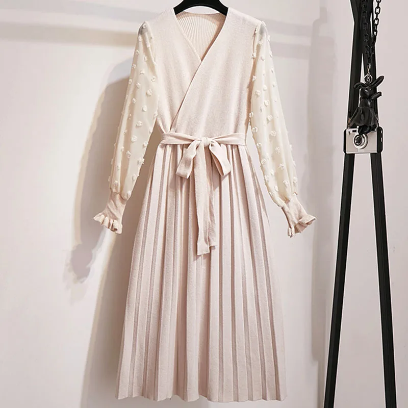 Willstage, L-4XL, плюс размер, трикотажное платье, шифон, рукав-фонарик, пэчворк, плиссированные платья, для женщин, талия, бант, на шнуровке, негабаритный - Цвет: pink