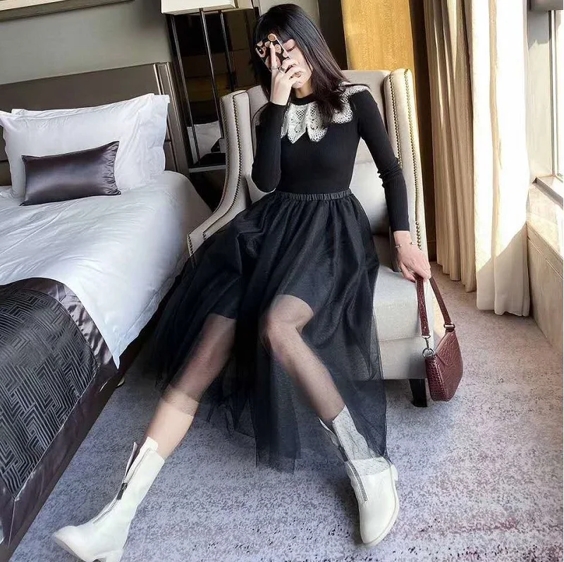 

One Piece 2020 Spring Fashion Style Women White Lace Knitted Sexy Tulle Mesh Patchwork Long Sleeve Mid-Calf Length Dress