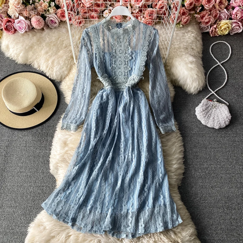 

Sweet Blue/Beige/Pink Lace Hollow Out Dress Women Spring Autumn 2021 Elegant Stand Collar Long Sleeve High Waist Vestidos New