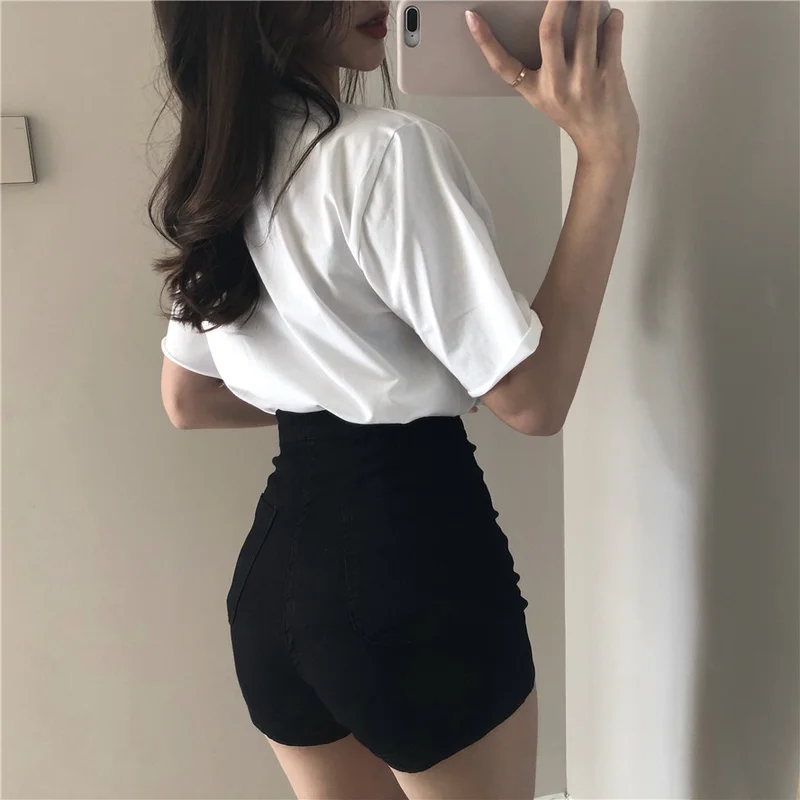 

Shorts Women Black High Waist Skinny Elastic Korean Style Femme Solid Comfortable Trendy Daily 2021 Black Basic Summer Popular