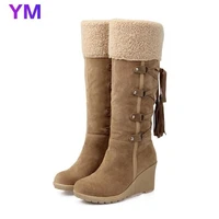 2020 new style women mid calf boots round toe wedges heel boots fashion turned over edge lace up boots plus size 43 de mujer