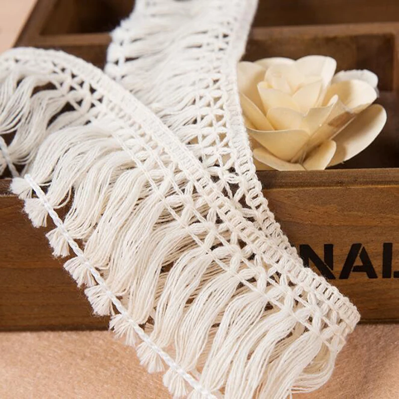 _ 50 ярдов хлопковые бежевые кружева с бахромой Висячие кружевные отделки для