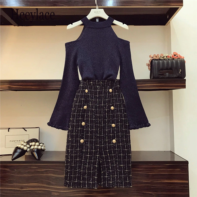 Высокое качество ChicTweed юбка Женский комплект 2 шт. осень зима сексуальные голые плечи свитера+ пуговица плед Сплит твидовая юбка комплект