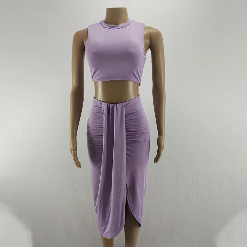 

Women's Skirt Set Solid Split Pleated Folds Ladies Skirts Suit Sleeve Crop Top And Elastic Waist Bottom 2021 Summer Party Sexy