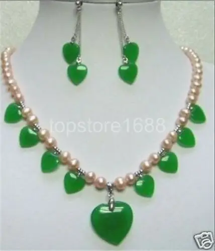 

fashion 7-8mm white pearl green/red jade necklace earring set