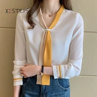 designer chiffon blouses women bow tie shirts office lady work wear tops white blue brown ladies ol style clothes 2021