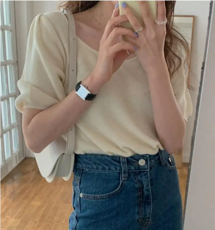 

New 2020 Women Summer T-Shirts Solid Bottoming Casual Korean Chic Minimalist Style Soft Knitted Tops Cute Sweet Ladies Clothing