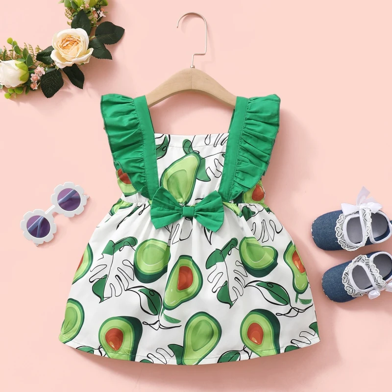 

Baby Girls Summer Dress Kids Cute Avocado Printed Sleeveless Tops Bow Dress For Girls Children's Party Dresses Clothing