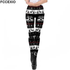 Классические рождественские леггинсы FCCEXIO для женщин, штаны для фитнеса с рисунком лося, эластичные леггинсы для тренировок на новый год, женские леггинсы в подарок на Рождество