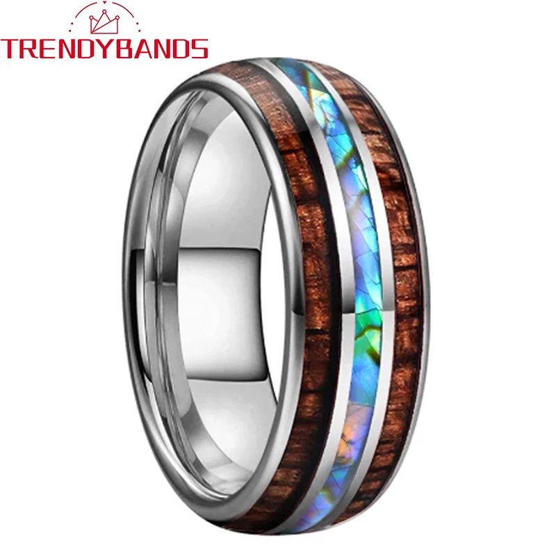 

Men Women Wedding Bands Tungsten Ring Abalone Shell And Koa Wood Inlay Domed 8mm Polished Shiny Comfort Fit