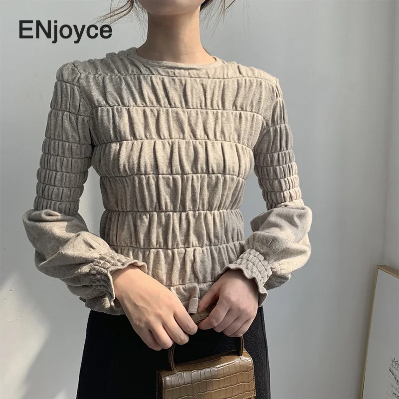 

2020 Korean Fashion Puff Ruffled Sleeve Women Sweaters Pullovers O-neck Solid Slim Sexy Elastic Women Autumn Winter Tops