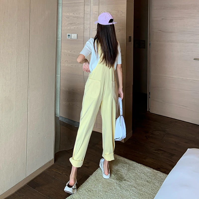 

Retro Yellow Denim Women Rompers and Jumpsuits 2021 Summer Woman Outfit Strap Wide Leg Straight Harajuku Overalls Jeans Female