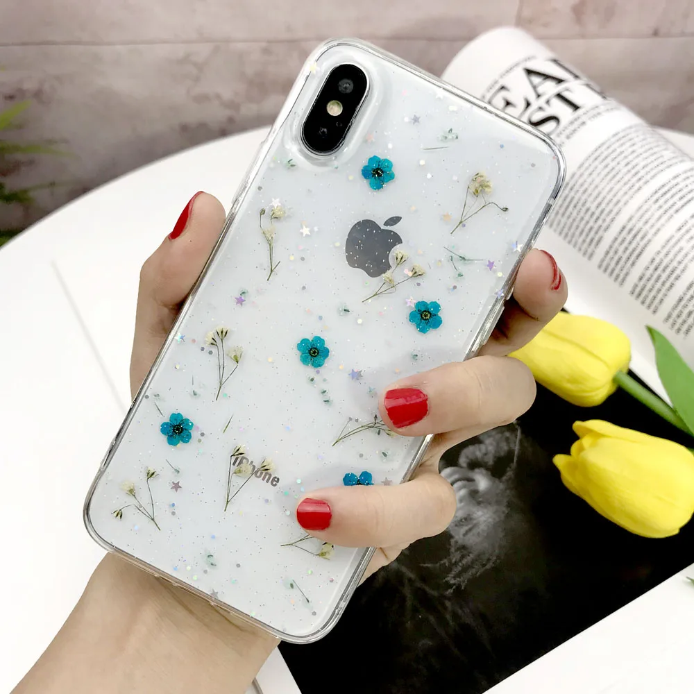 Настоящие сухие цветы чехол для iphone 7 8 Plus X чехол для iphone 11 Pro XR X XS Max 8 7 6S 6 Plus чехол силиконовый чехол для телефона s - Цвет: Sky Blue