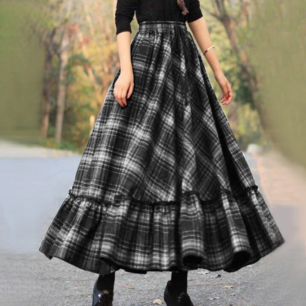 

Women Plaid Skirt 2020 Autumn Winter Retro High Waist Casual Maxi Female Flare Long Pleated Skirts Office Lady Fashion Female