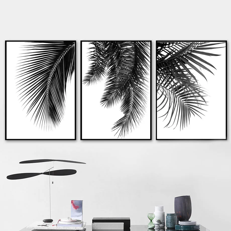 Плакаты и принты в скандинавском стиле с черными белыми пальмовыми листьями