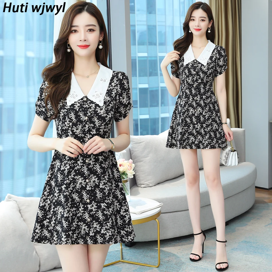 

2022 Korean Casual Short Sleeve Dress Summer Black Floral Chiffon Chic Sexy Mini Dress Women Elegant Bodycon Club Party Vestidos