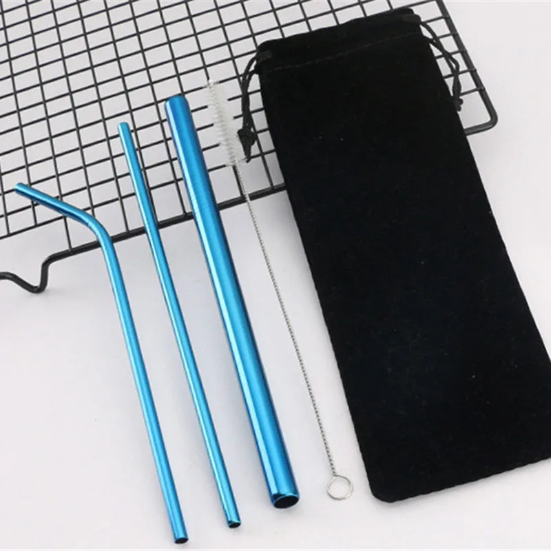 Blue 5 шт многоразовые соломинки из нержавеющей стали, экологически чистая металлическая соломинка, изогнутая прямая соломинка для напитков, чистящая щетка, аксессуары для бара - Цвет: Blue