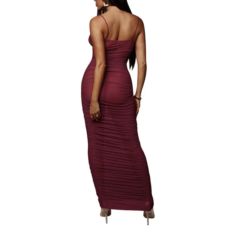 

Fashion Perspective Mesh Lady Club Midi Dress 2021 Summer Women Sexy Cover Party Backless Spaghetti Strap Bodycon Dress G2754