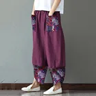 Брюки женские хлопково-льняные с широкими штанинами, винтажные Мешковатые Свободные Штаны в стиле пэчворк, асимметричные с завышенной талией, большие размеры, #4