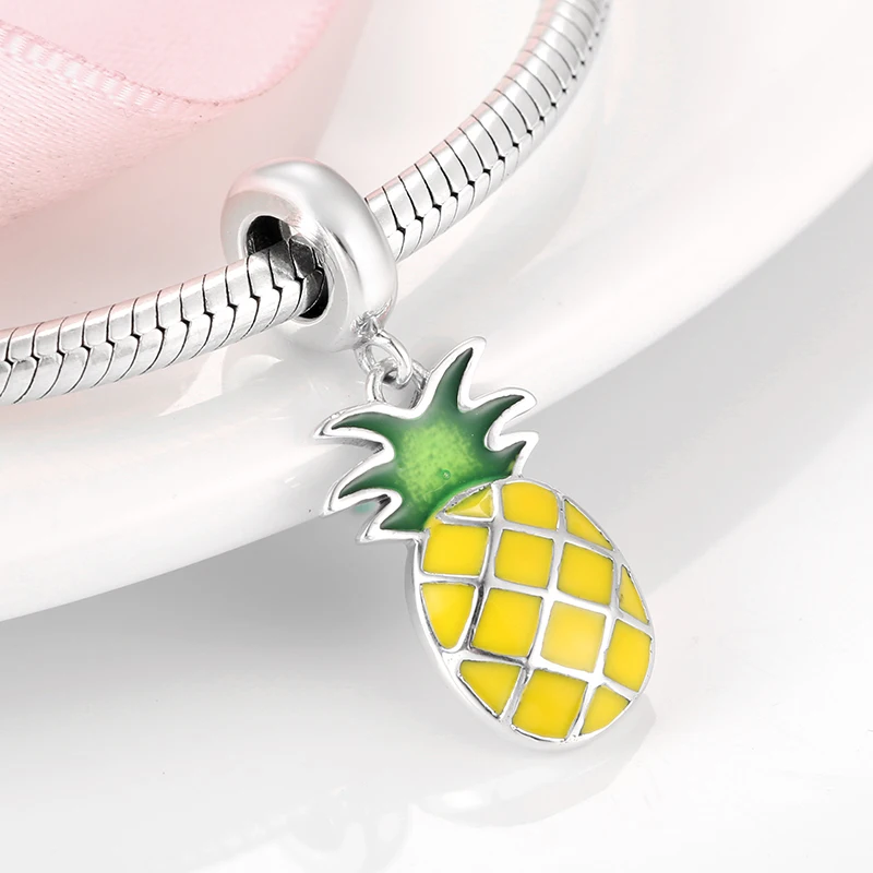 Летний стиль 925 серебро ананас желтая эмаль кулон бусины Подходит для