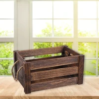 wooden rectangular storage basket with rope handle rustic hollow crates bin box