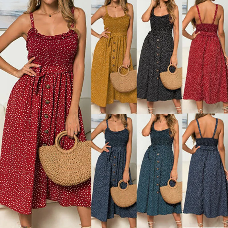 

Women Summer Sleeveless Polka Dot Beach Dress Ladies Stretch Holiday Sundress