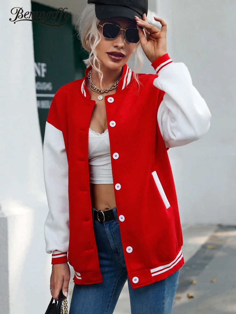 

Benuynffy Single Breasted Colorblock Baseball Jacket Women Spring Fall Casual Streetwear Long Sleeve Female Outerwear