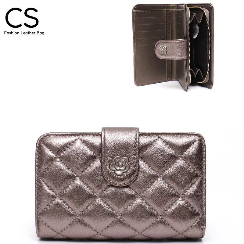 

CS Women Genuine Leather Bifold Short Wallet NEW Fashion Brand Designer Zipper Coin Purse Cardholder Quilted Portable Clutch Bag