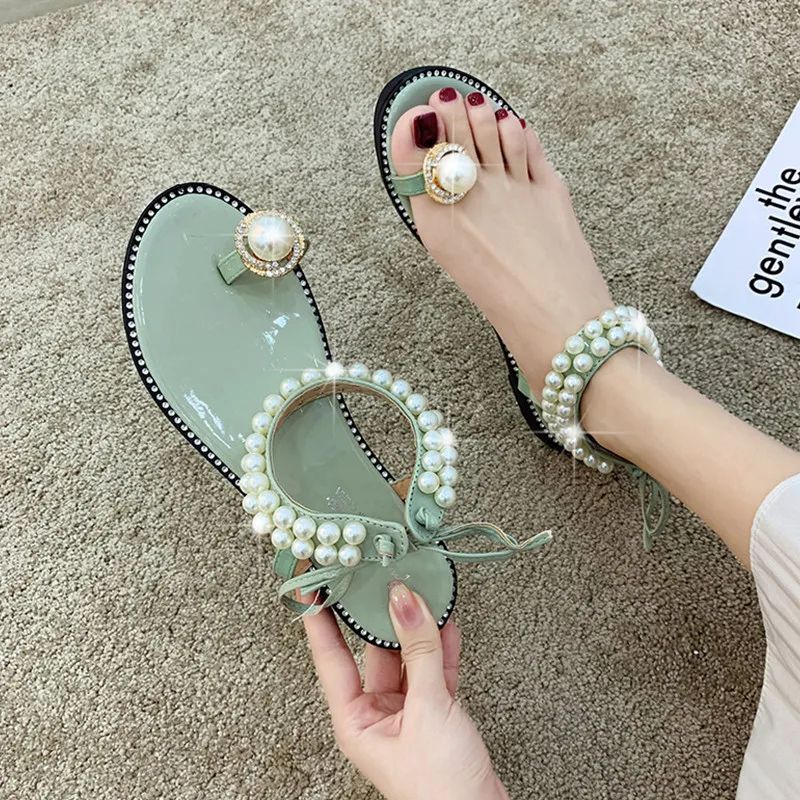 

Female Sandals Flats Summer Lovely Pearls Simple Style New Wild Fashion Knob Pearl Flat Sandals Hot Sale Cheap Higher Quality