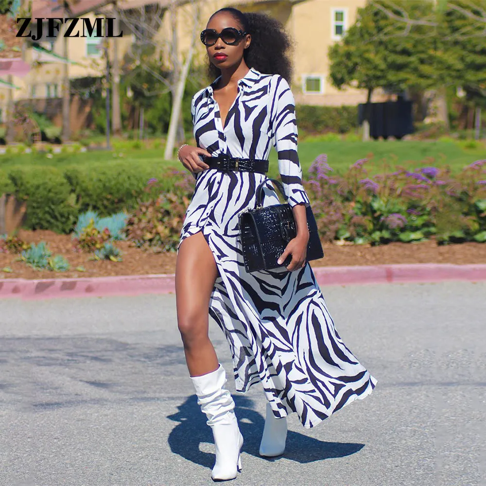 

Женское платье-макси в полоску, черно-белое платье с отложным воротником, длинным рукавом и принтом зебры, уличное платье с пуговицами и раз...