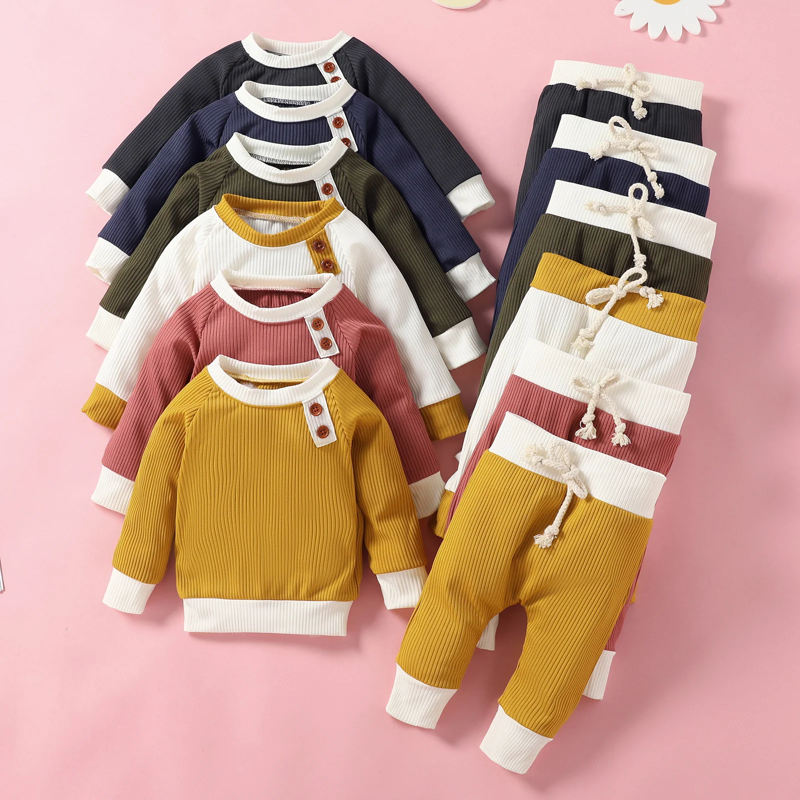 

Infant Newborn Baby Girl Boy Spring Autumn Ribbed Patchwork Clothes Sets Long Sleeve Pullovers + Elastic Pants 2pcs Outfits