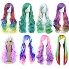 Soowee Long Ombre Rainbow Cosplay Wig with Bangs Red Yellow Purple Green Synthetic Hair Blue Wigs for Black Women