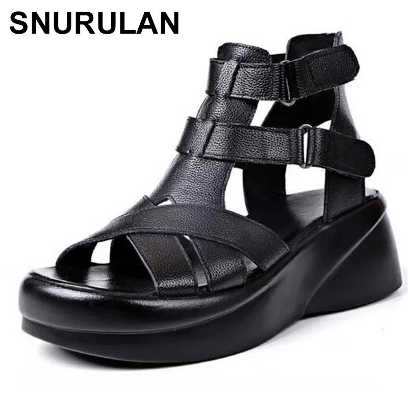 

SNURULAN Hot Promotion2021New Summer Top Cowhide Open Toe Roman Sandals Platform Wedges Light Heighten Sandals Women Sandal Shoe