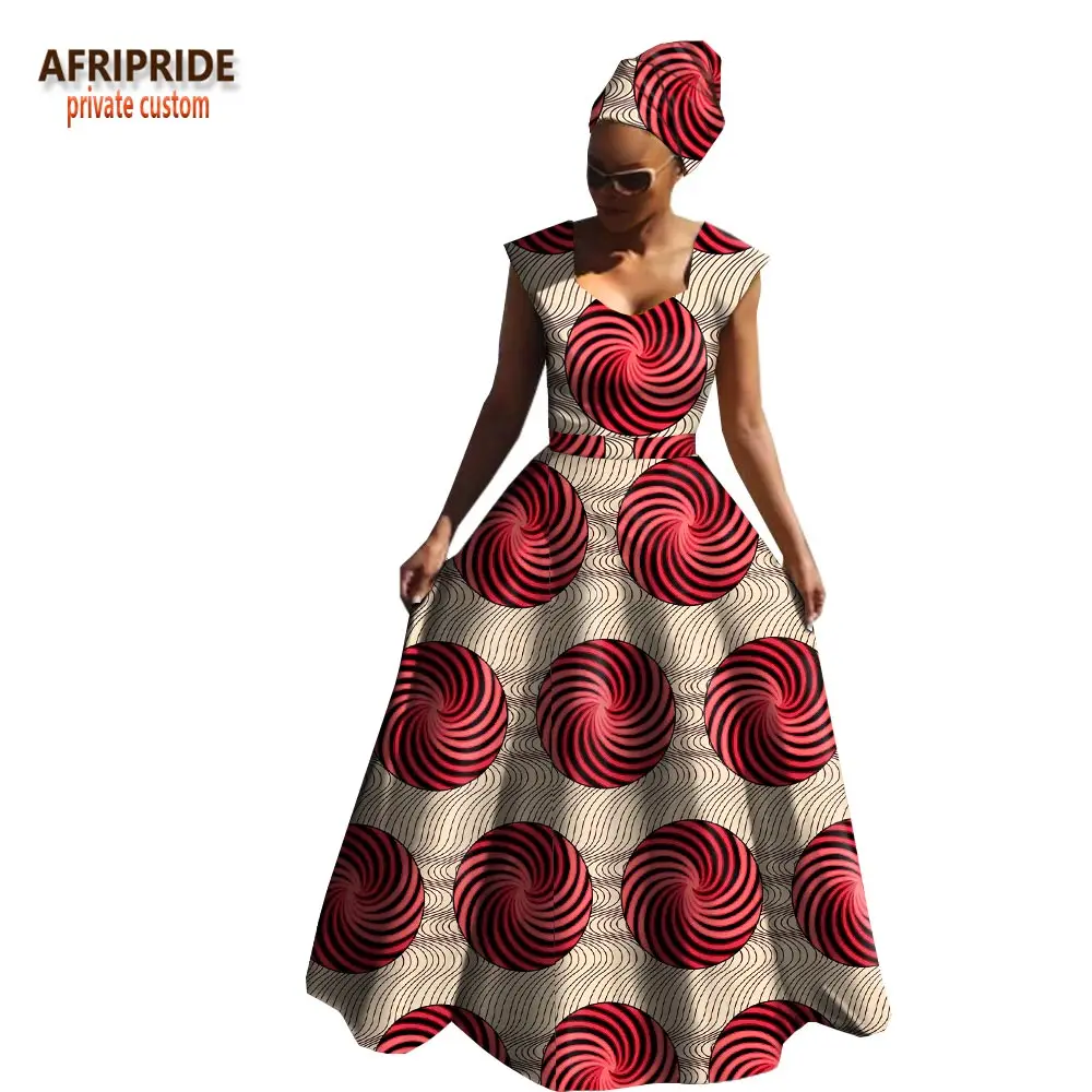Afripride, Африканское весеннее Хлопковое платье для женщин, без рукавов, v-образный вырез, длина до пола, женское платье с повязкой на голову A1825039 - Цвет: 330X